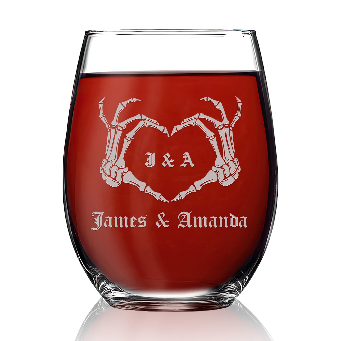 Personalized Stemless Wine Glass Set - "Skeleton Hands"