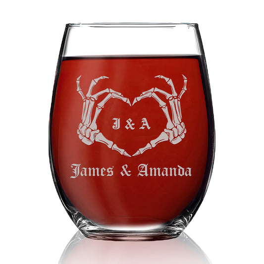 Personalized Stemless Wine Glass Set - "Skeleton Hands"