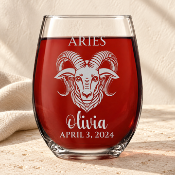 Personalized Stemless Wine Glass - "Astrology - ARIES" — natural daylight editorial photograph