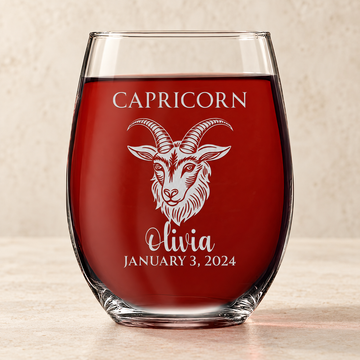 Personalized Stemless Wine Glass - "Astrology - CAPRICORN" — editorial product photograph
