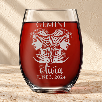 Personalized Stemless Wine Glass - "Astrology - GEMINI" — editorial product photograph