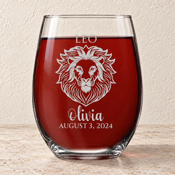 Personalized Stemless Wine Glass - "Astrology - LEO" — editorial product photograph