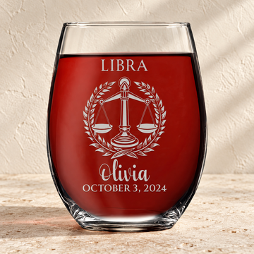 Personalized Stemless Wine Glass - "Astrology - LIBRA" — editorial product photograph