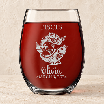 Personalized Stemless Wine Glass - "Astrology - PISCES" — editorial product photograph
