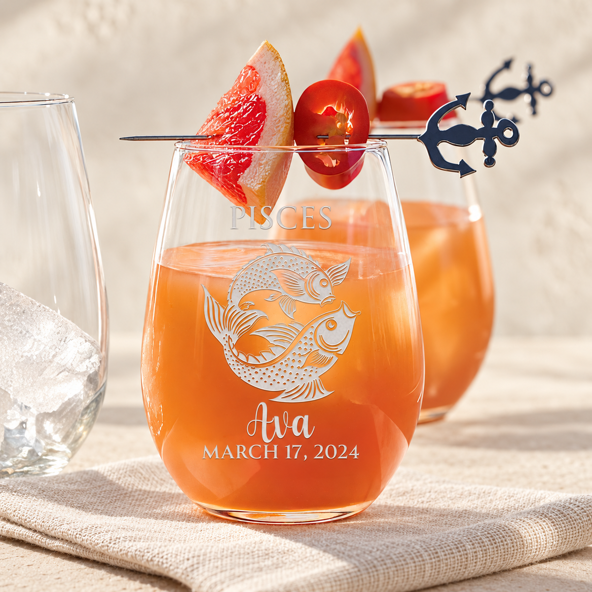 Personalized Stemless Wine Glass - "Astrology - PISCES" — editorial product photograph