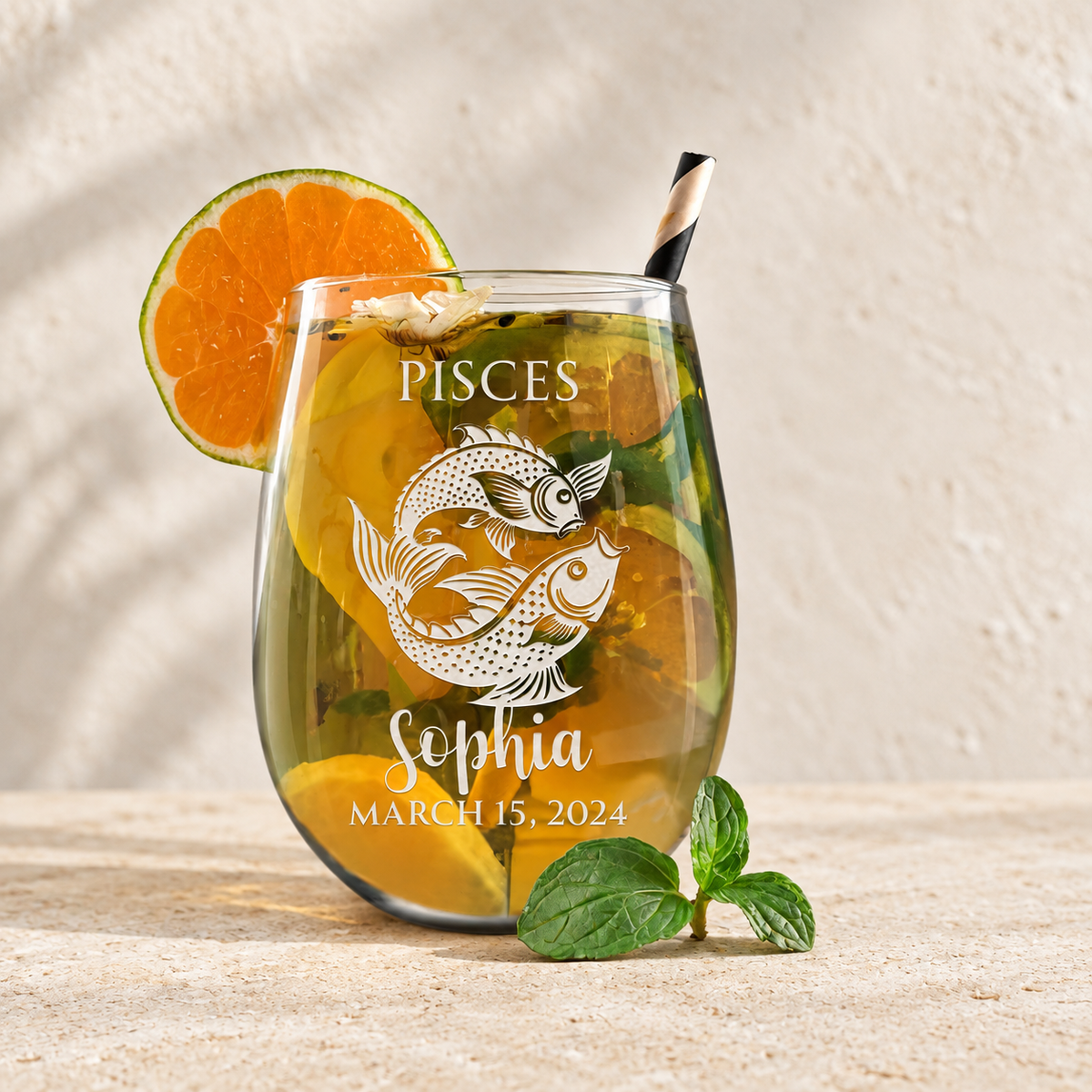 Personalized Stemless Wine Glass - "Astrology - PISCES" — editorial product photograph