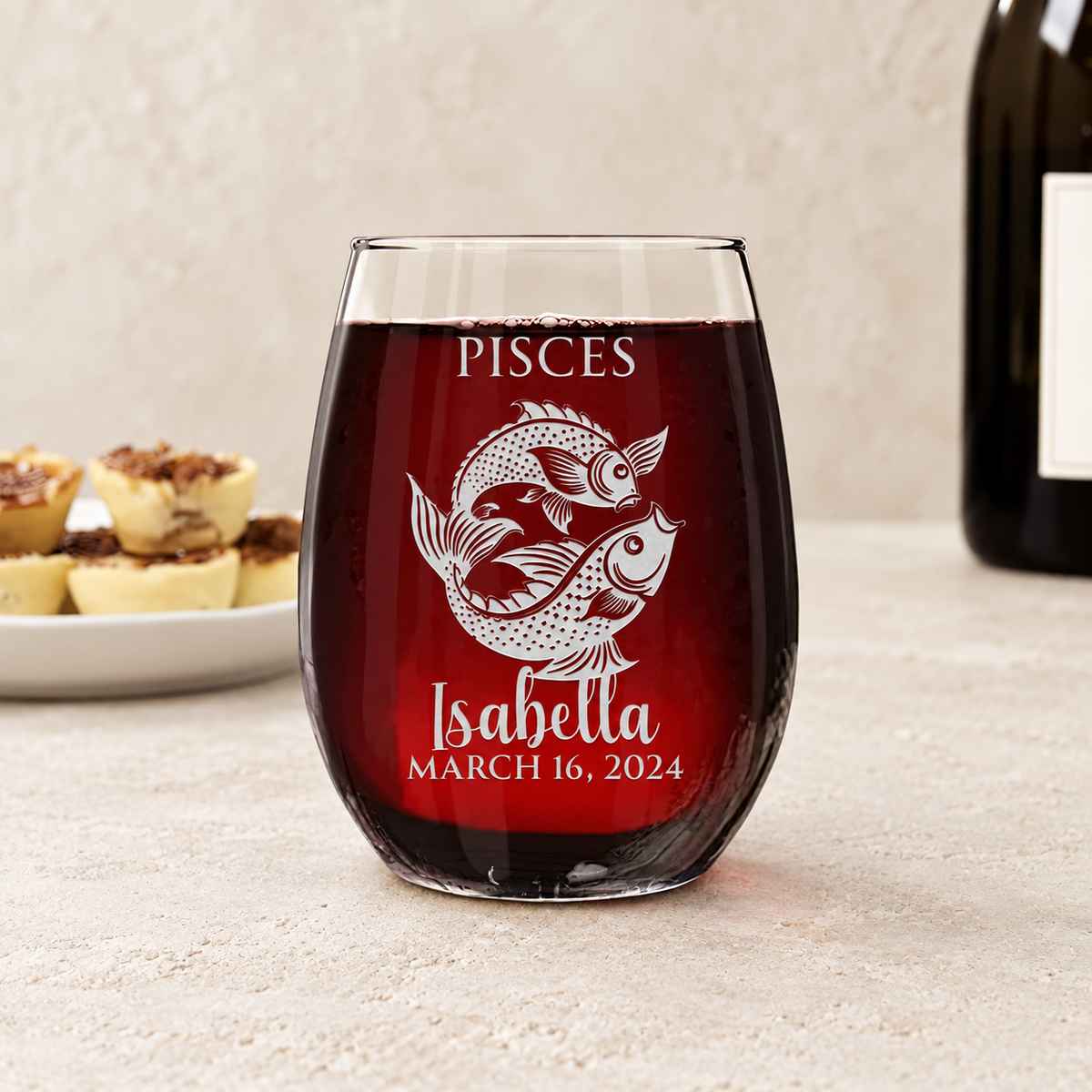 Personalized Stemless Wine Glass - "Astrology - PISCES" — editorial product photograph