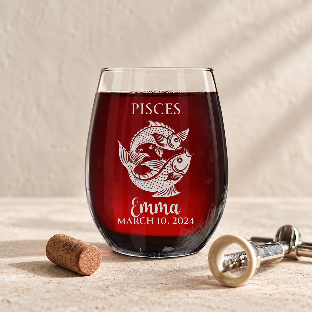Personalized Stemless Wine Glass - "Astrology - PISCES" — editorial product photograph