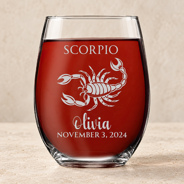 Personalized Stemless Wine Glass - "Astrology - SCORPIO" — editorial product photograph