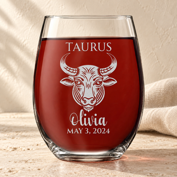 Personalized Stemless Wine Glass - "Astrology - TAURUS" — natural daylight editorial photograph