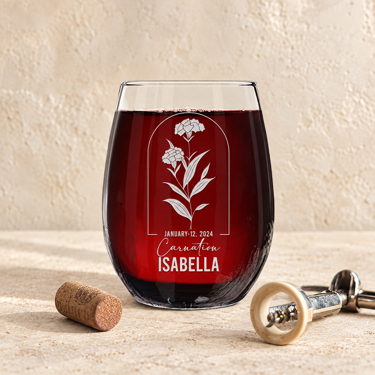 Personalized Stemless Wine Glass - Birth Flowers - "Carnation January" — editorial product photograph