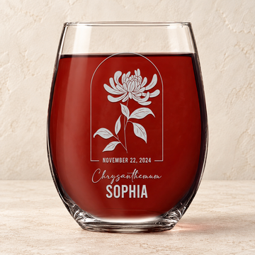 Personalized Stemless Wine Glass - Birth Flowers - "Chrysanthemum November" — editorial product photograph