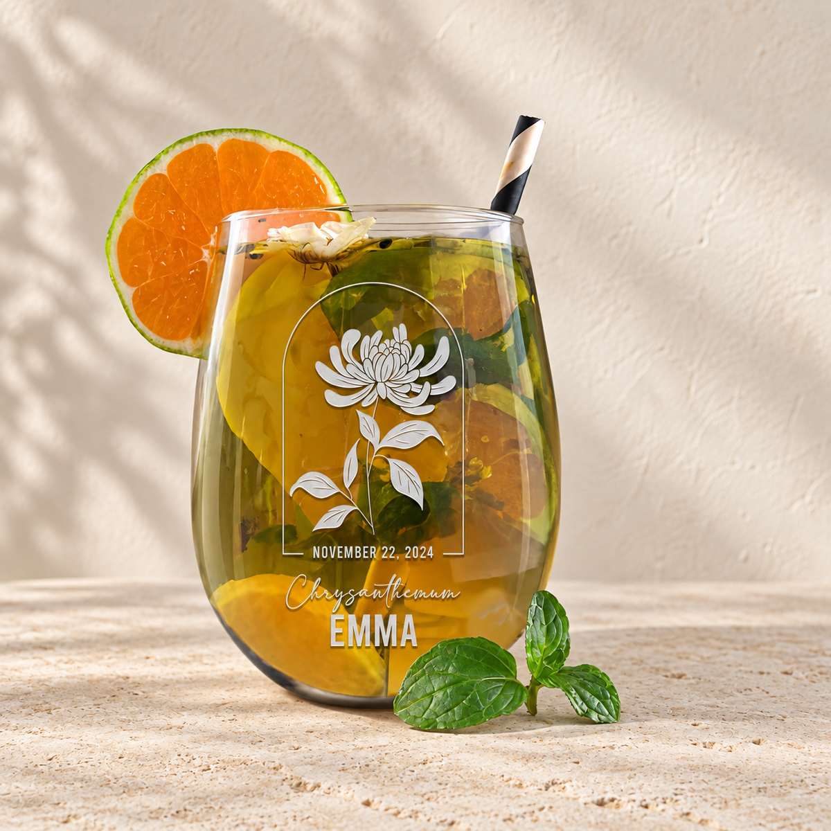 Personalized Stemless Wine Glass - Birth Flowers - "Chrysanthemum November" — editorial product photograph