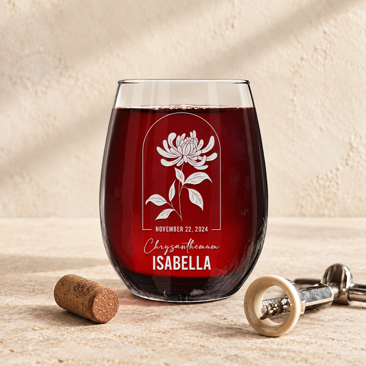 Personalized Stemless Wine Glass - Birth Flowers - "Chrysanthemum November" — editorial product photograph