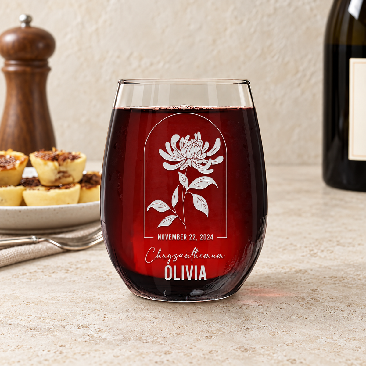 Personalized Stemless Wine Glass - Birth Flowers - "Chrysanthemum November" — editorial product photograph