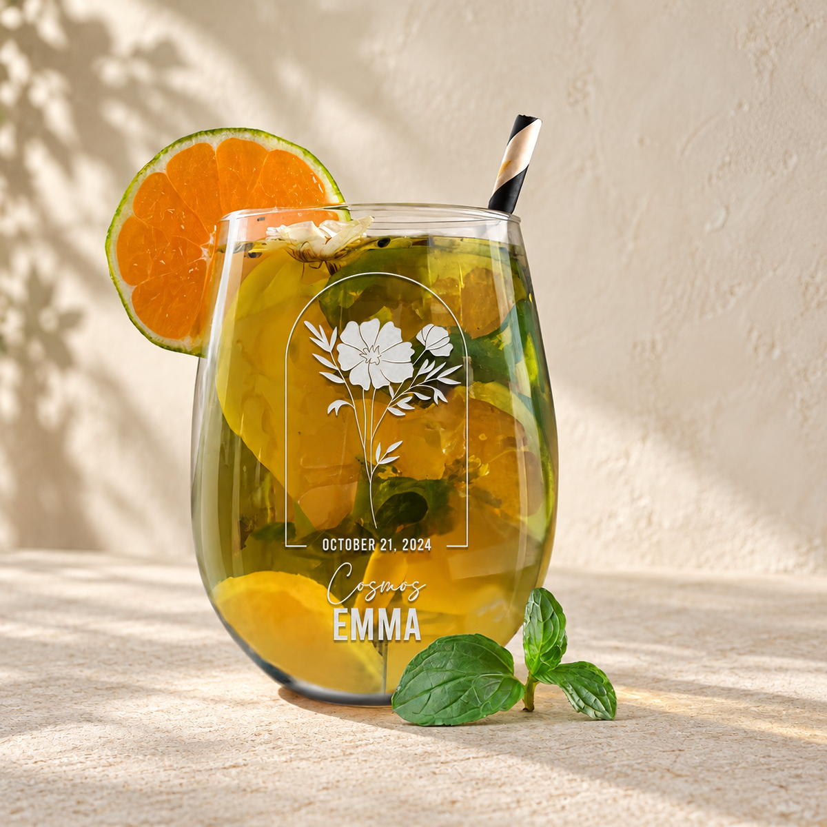 Personalized Stemless Wine Glass - Birth Flowers - "Cosmos October" — editorial product photograph