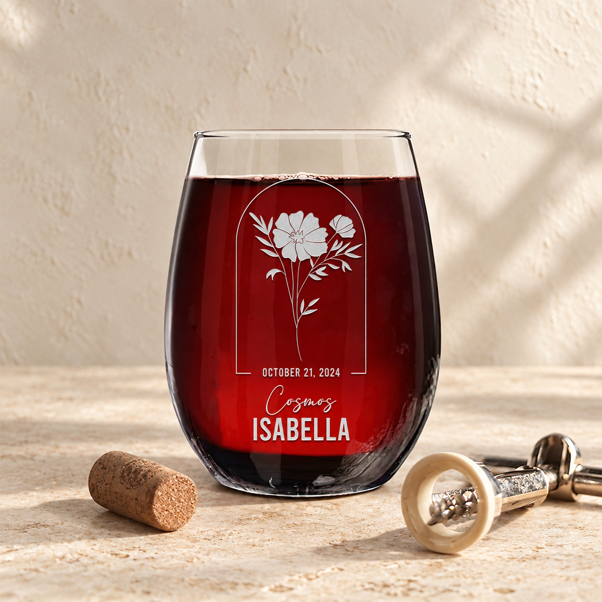 Personalized Stemless Wine Glass - Birth Flowers - "Cosmos October" — editorial product photograph