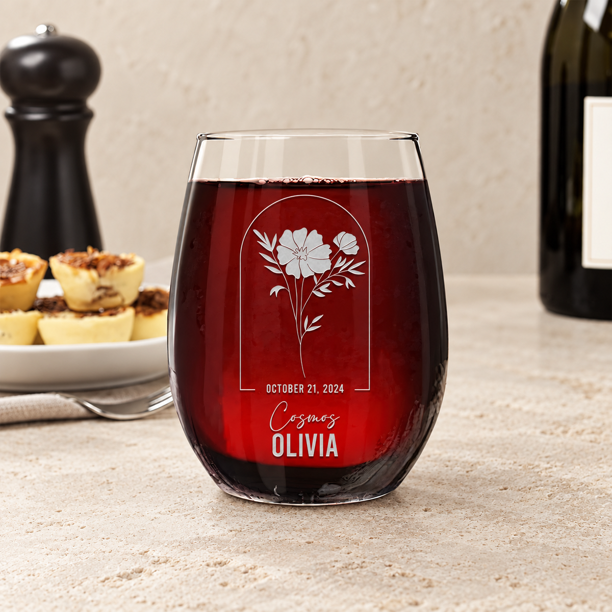 Personalized Stemless Wine Glass - Birth Flowers - "Cosmos October" — editorial product photograph