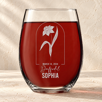 Personalized Stemless Wine Glass - Birth Flowers - "Daffodil March" — editorial product photograph