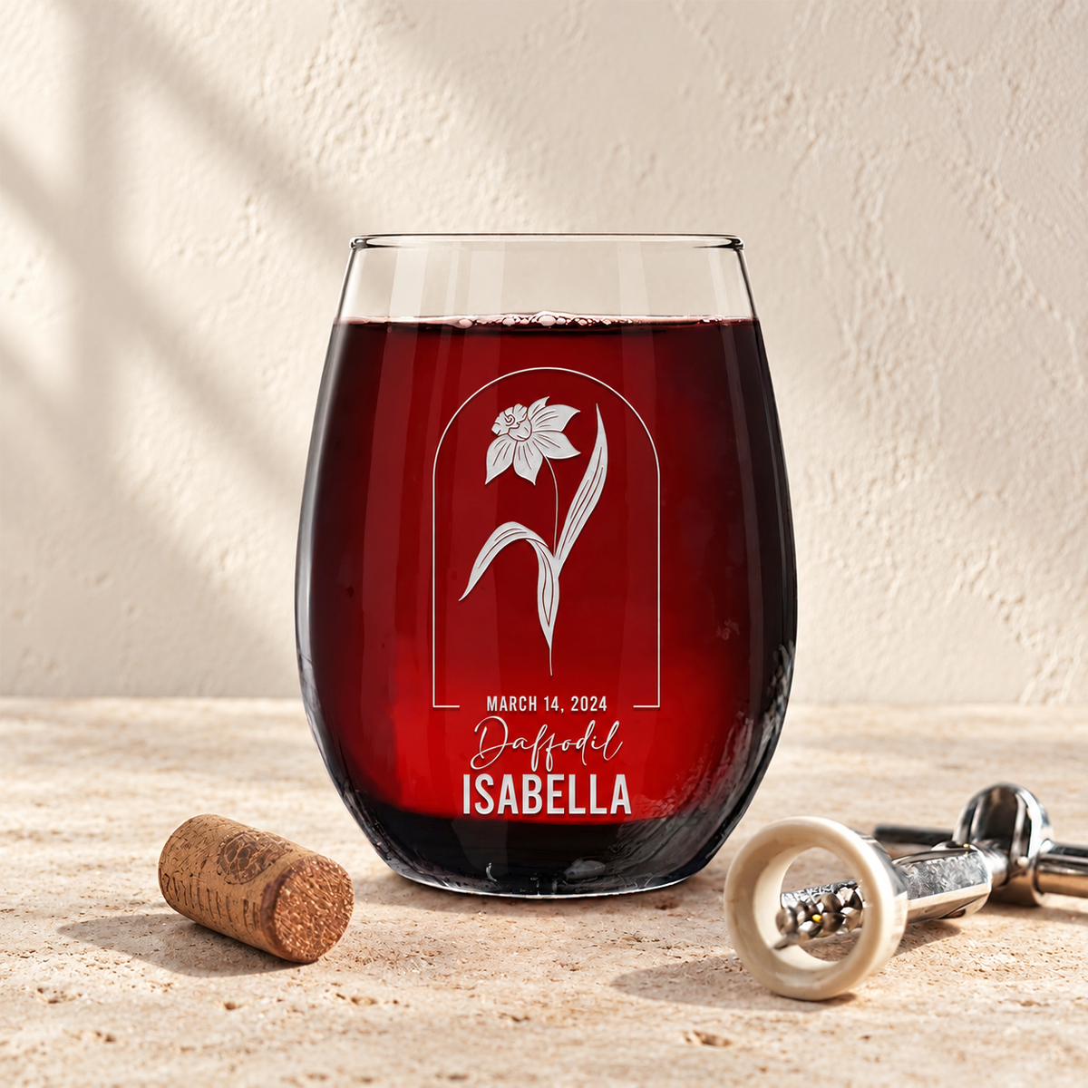 Personalized Stemless Wine Glass - Birth Flowers - "Daffodil March"