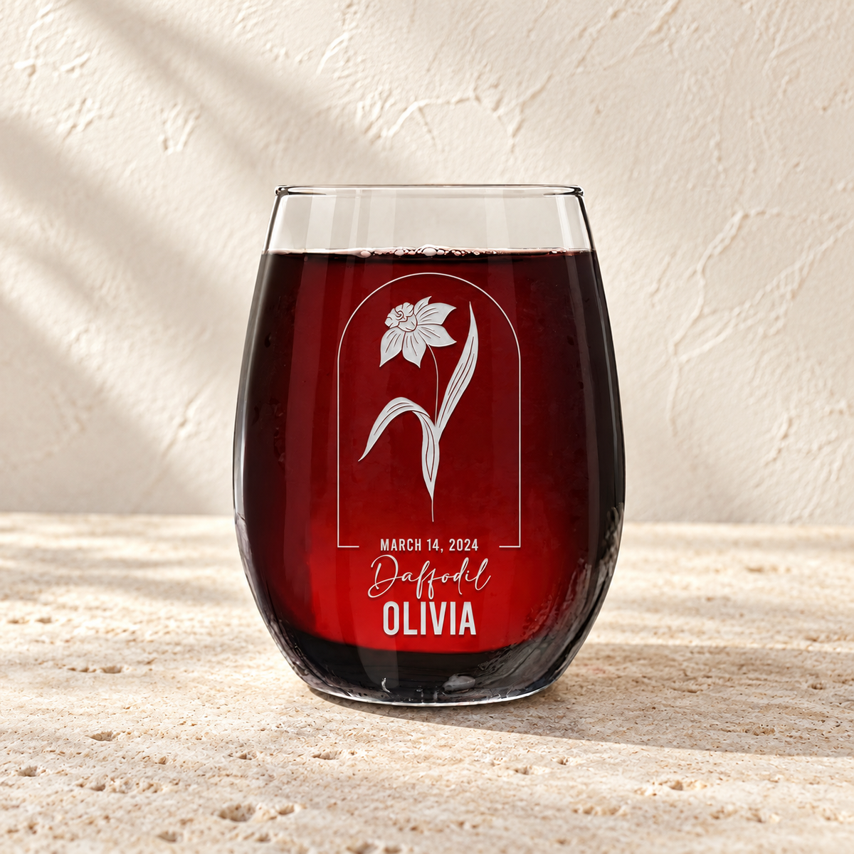 Personalized Stemless Wine Glass - Birth Flowers - "Daffodil March"