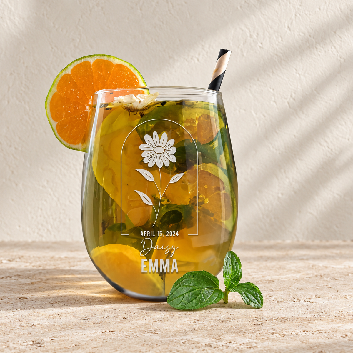 Personalized Stemless Wine Glass - Birth Flowers - "Daisy April"