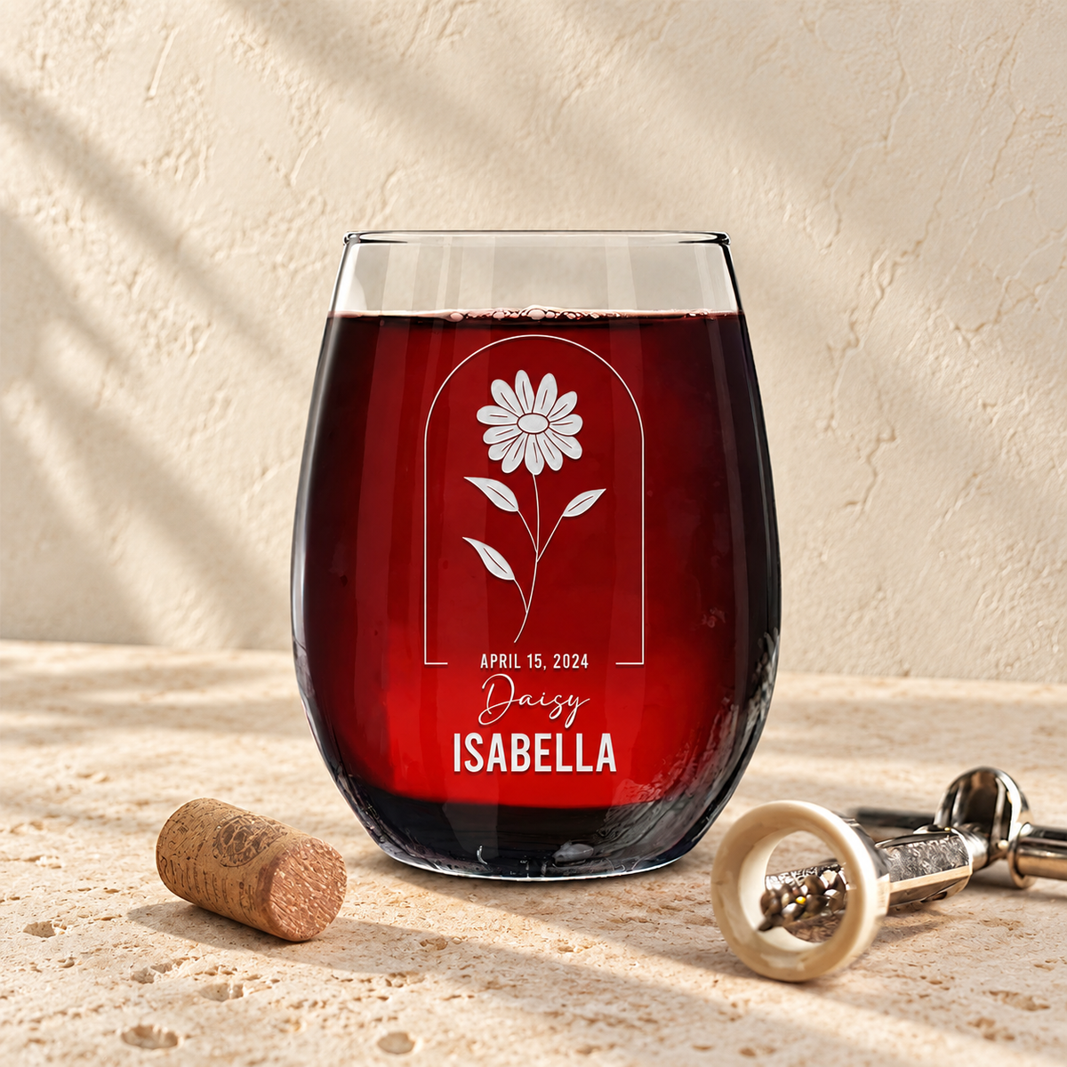 Personalized Stemless Wine Glass - Birth Flowers - "Daisy April"