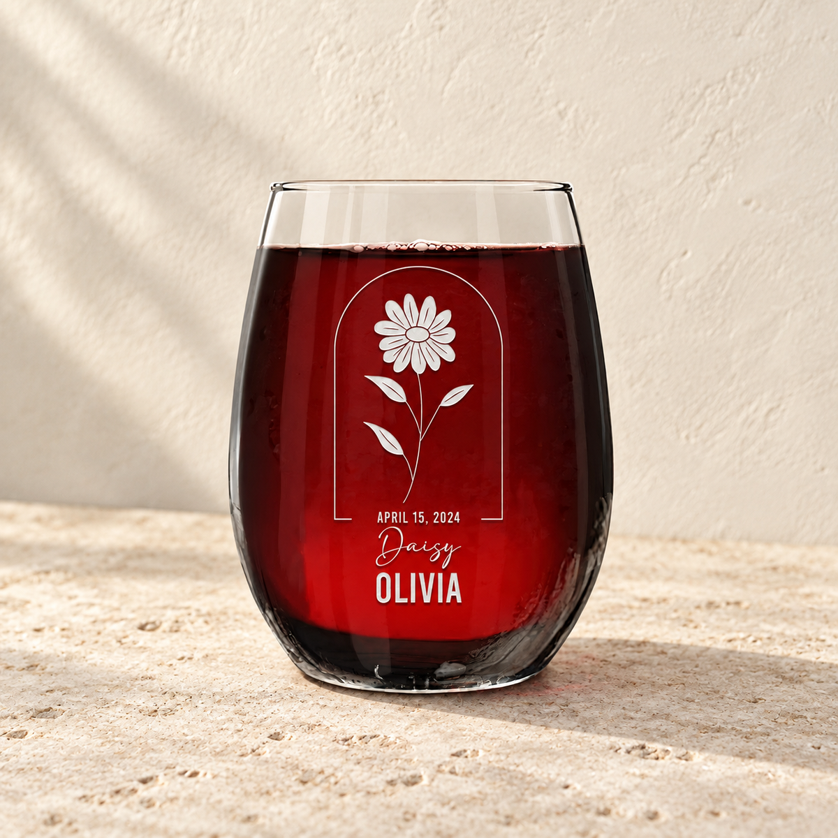 Personalized Stemless Wine Glass - Birth Flowers - "Daisy April"