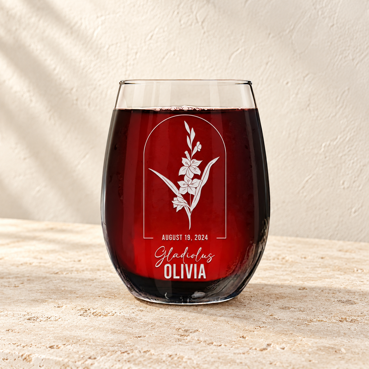 Personalized Stemless Wine Glass - Birth Flowers - "Gladiolus August"
