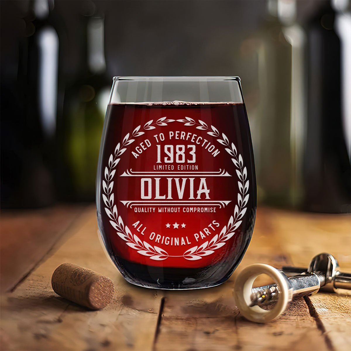 Personalized Stemless Wine Glass - "Aged to Perfection"