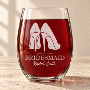 Personalized Stemless Wine Glass - "Bridesmaids High Heels" — engraved detail, styled in natural daylight