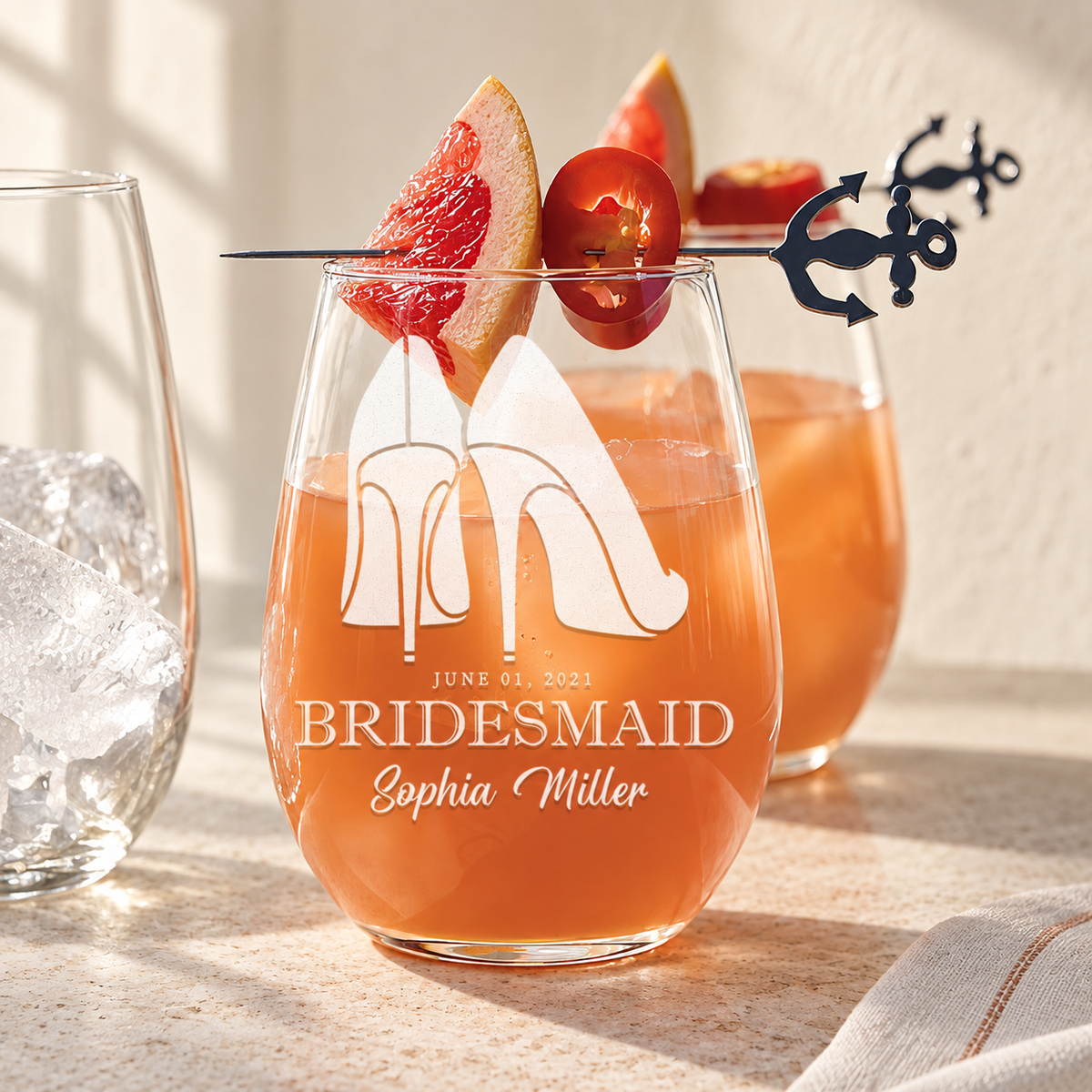 Personalized Stemless Wine Glass - "Bridesmaids High Heels" — engraved detail, styled in natural daylight