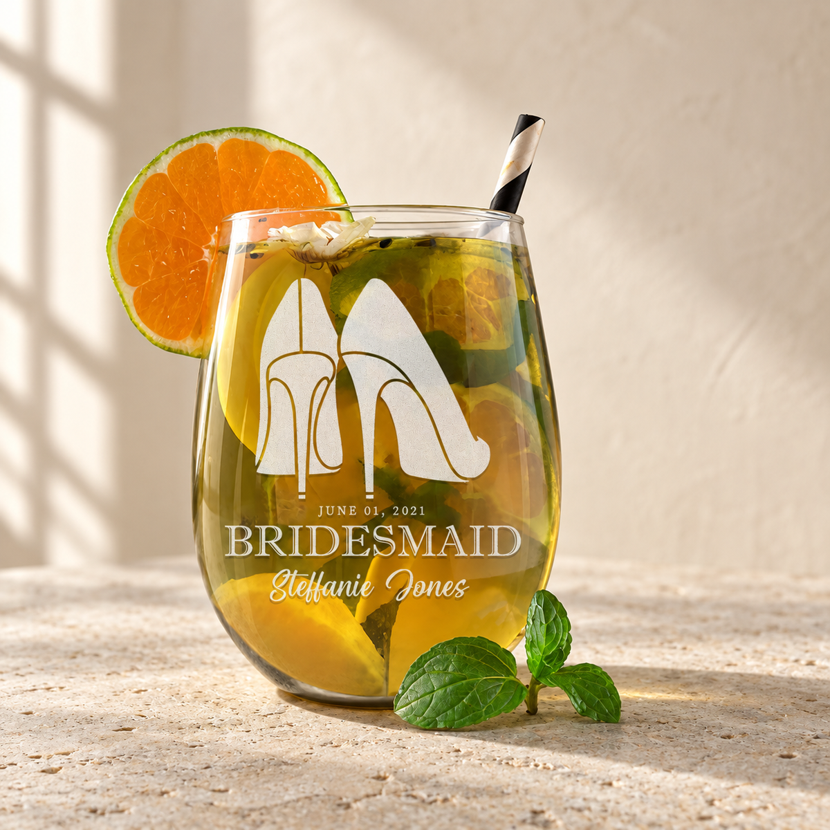 Personalized Stemless Wine Glass - "Bridesmaids High Heels" — engraved detail, styled in natural daylight