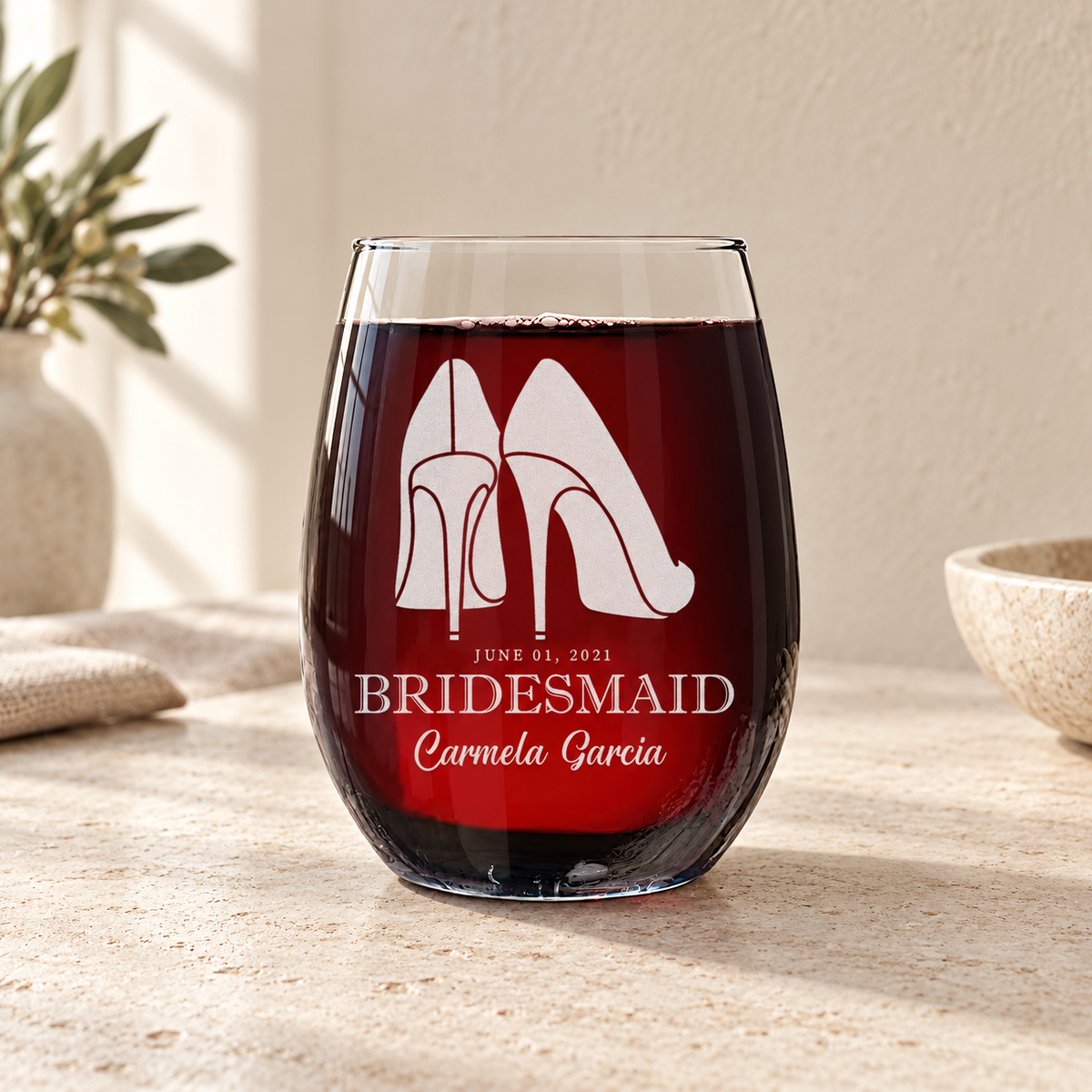 Personalized Stemless Wine Glass - "Bridesmaids High Heels" — engraved detail, styled in natural daylight