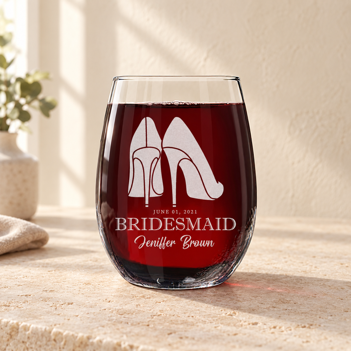 Personalized Stemless Wine Glass - "Bridesmaids High Heels" — engraved detail, styled in natural daylight