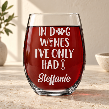 Personalized Stemless Wine Glass - "Dog Owner Wine Glass" — engraved detail, styled in natural daylight