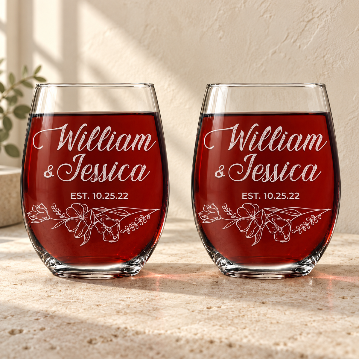 Personalized Stemless Wine Glass - "Floral Relationship Set" — engraved detail, styled in natural daylight