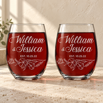 Personalized Stemless Wine Glass - "Floral Relationship Set" — engraved detail, styled in natural daylight