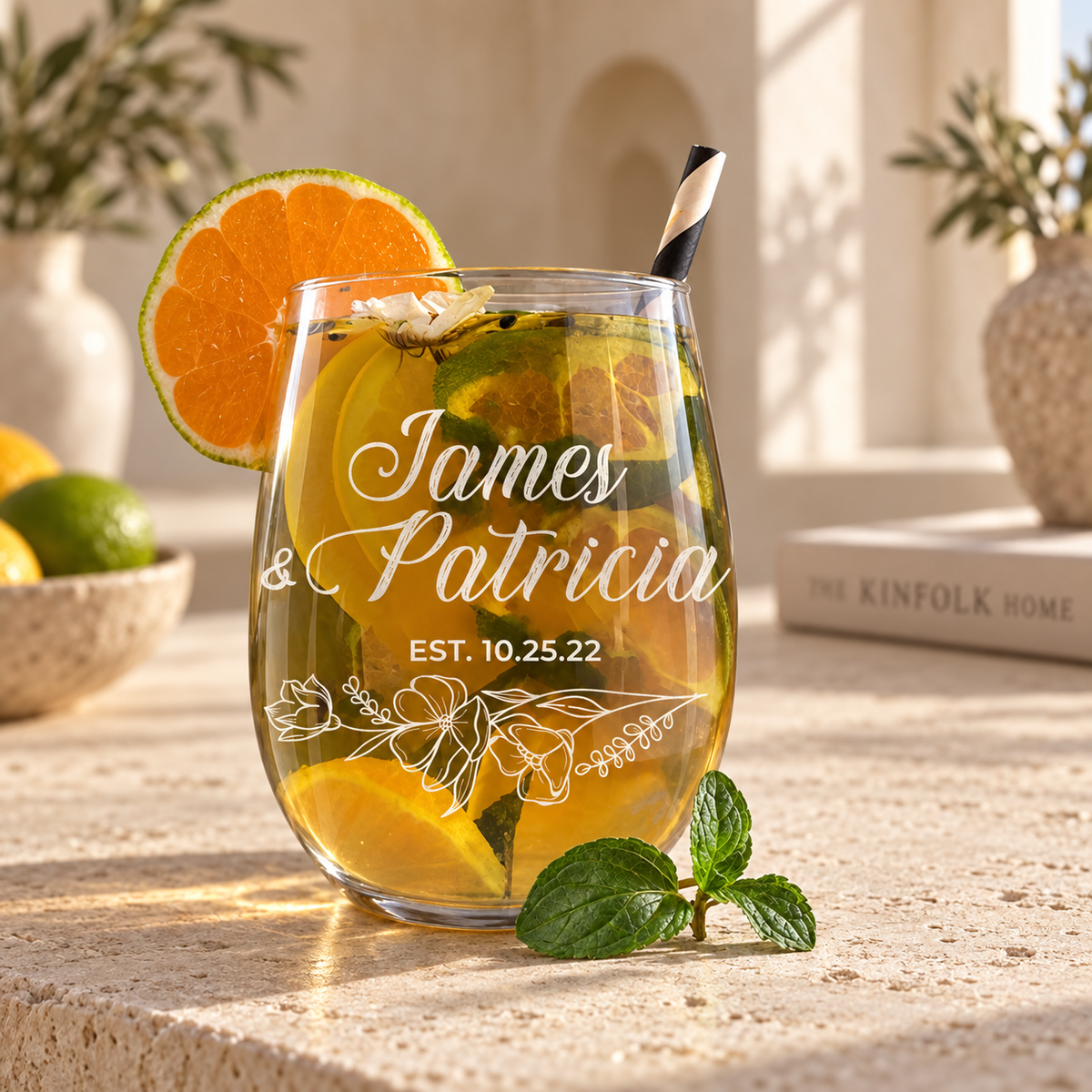 Personalized Stemless Wine Glass - "Floral Relationship Set" — engraved detail, styled in natural daylight