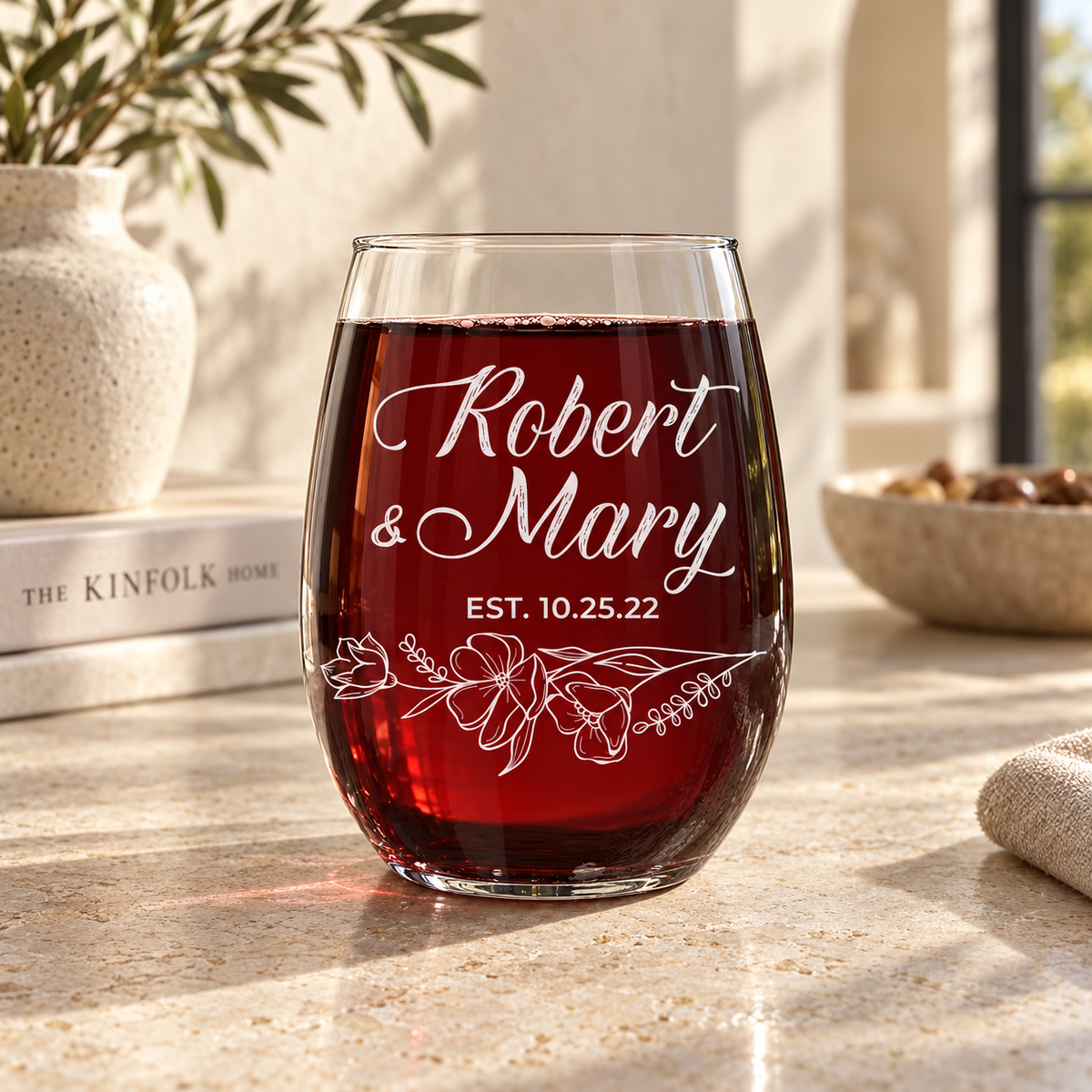 Personalized Stemless Wine Glass - "Floral Relationship Set" — engraved detail, styled in natural daylight