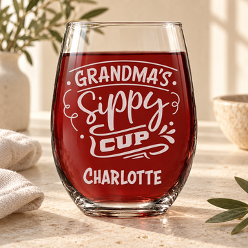 Personalized Stemless Wine Glass - "Grandma's Sippy Cup" — engraved detail, styled in natural daylight