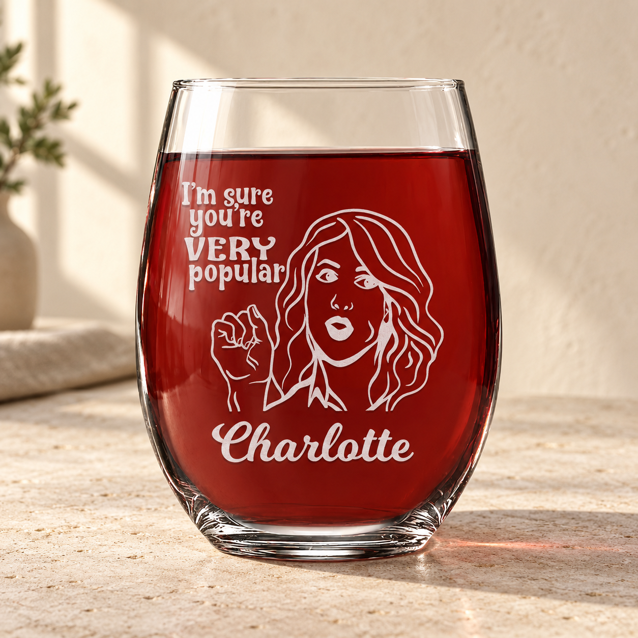 Personalized Stemless Wine Glass - "I'm Sure You're Very Popular"