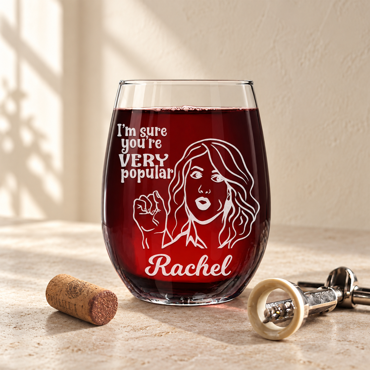 Personalized Stemless Wine Glass - "I'm Sure You're Very Popular" — engraved detail, styled in natural daylight