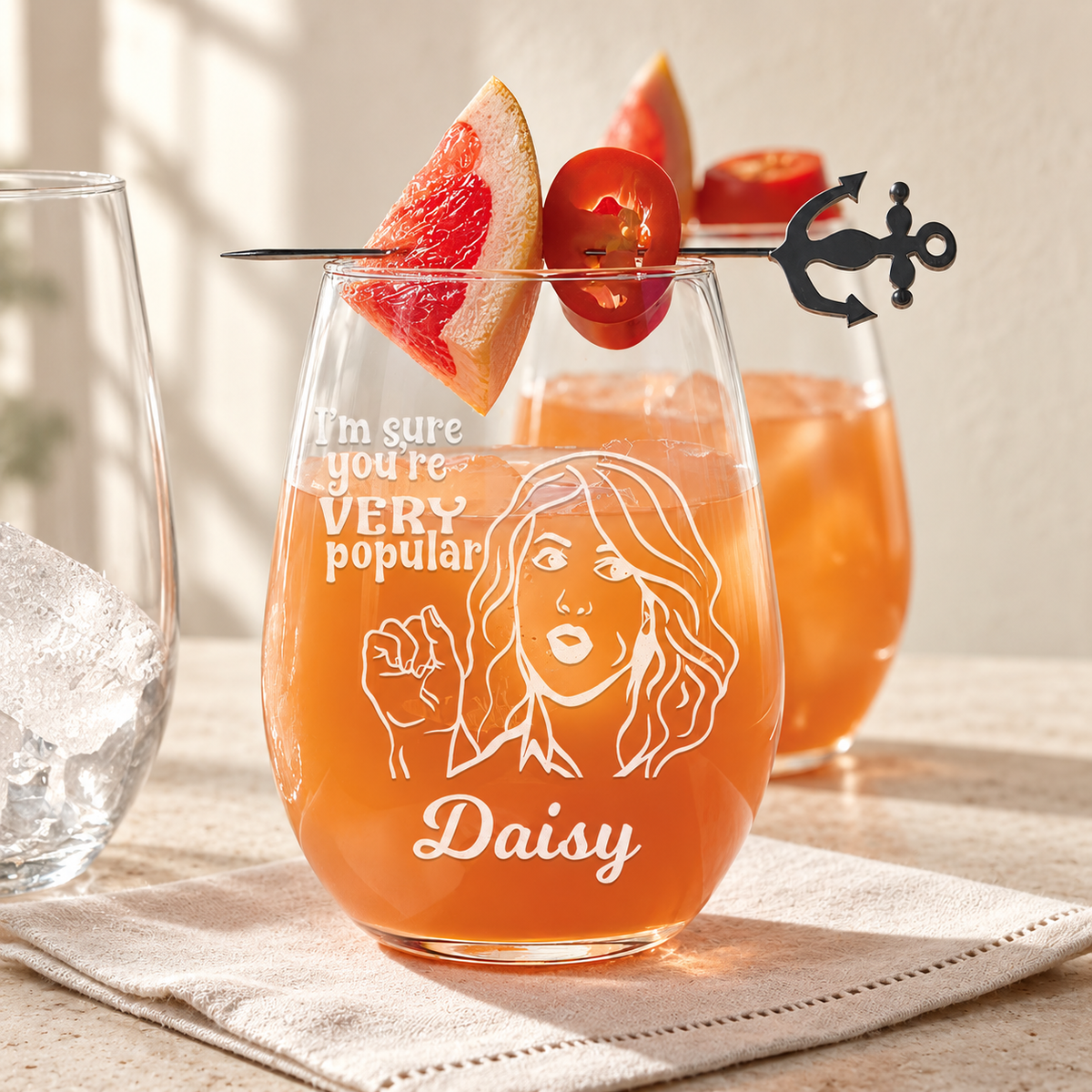 Personalized Stemless Wine Glass - "I'm Sure You're Very Popular" — engraved detail, styled in natural daylight