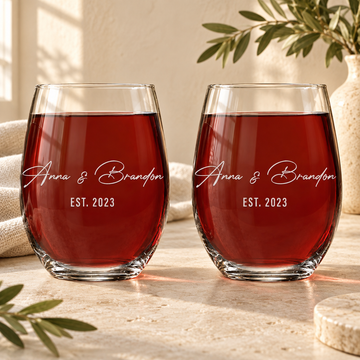 Personalized Stemless Wine Glass Set - "Couple's Names" — styled in natural daylight