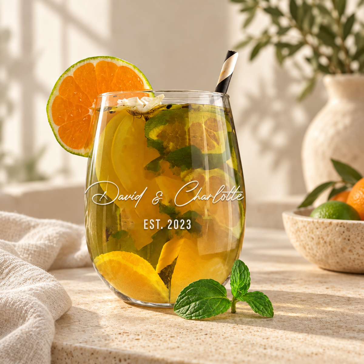 Personalized Stemless Wine Glass Set - "Couple's Names" — engraved detail, styled in natural daylight