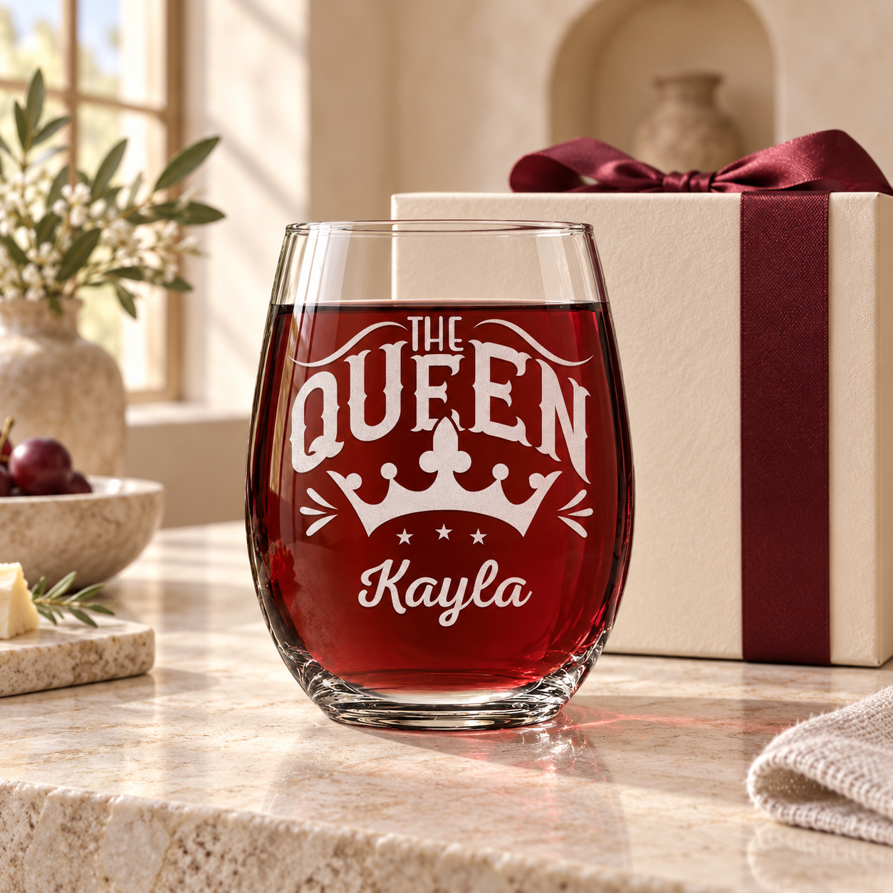 Personalized Stemless Wine Glass - "The Queen"