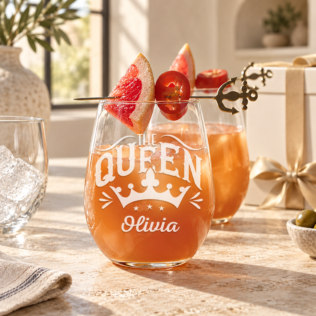 Personalized Stemless Wine Glass - "The Queen" — engraved detail, styled in natural daylight