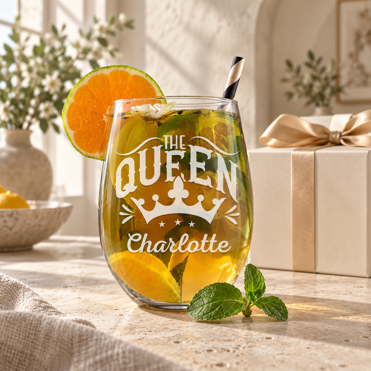 Personalized Stemless Wine Glass - "The Queen" — engraved detail, styled in natural daylight