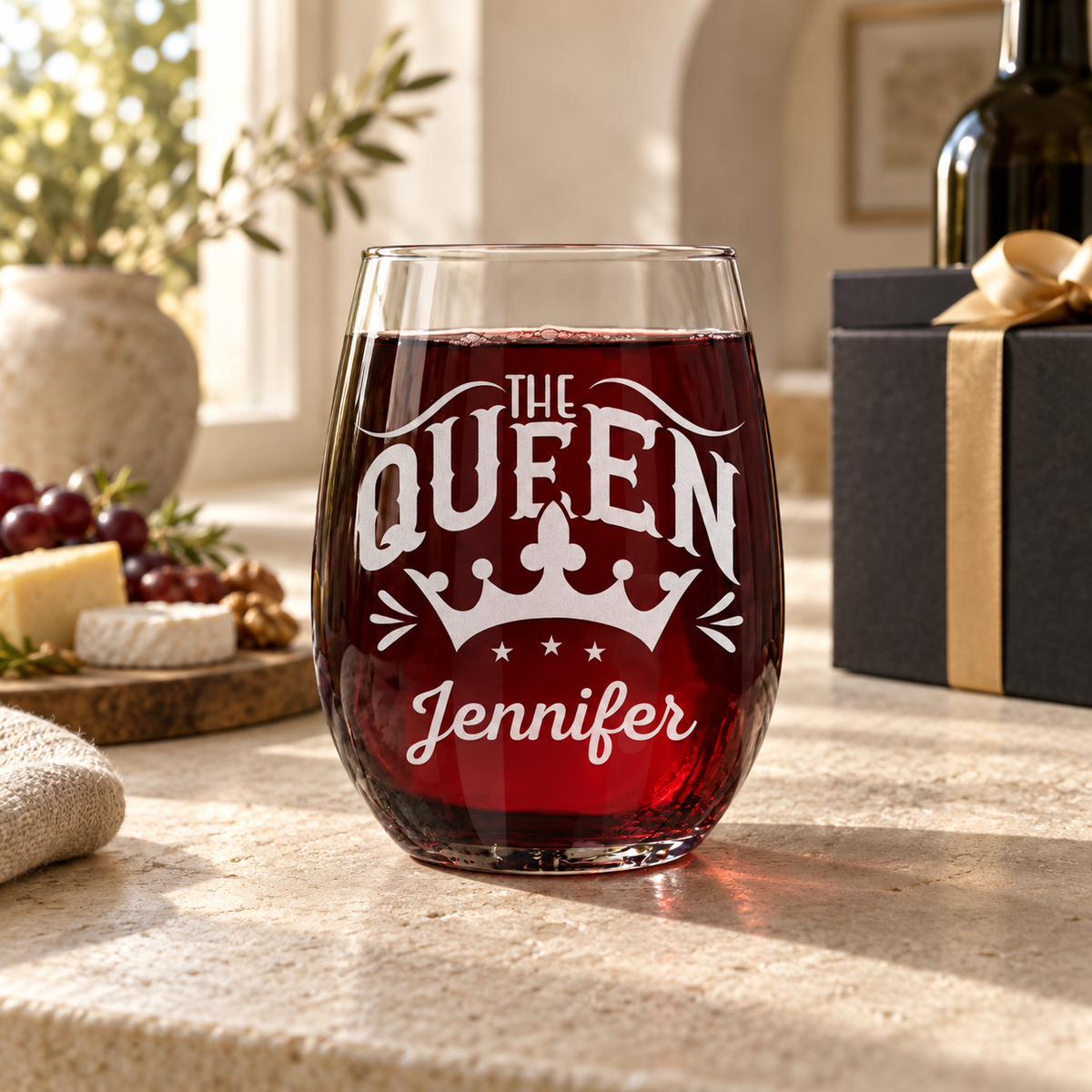 Personalized Stemless Wine Glass - "The Queen" — engraved detail, styled in natural daylight